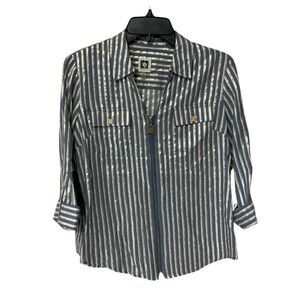 Anne Klein Zip-Up Shirt Small Metallic Gold & Blue Stripes 2 Pockets Petite